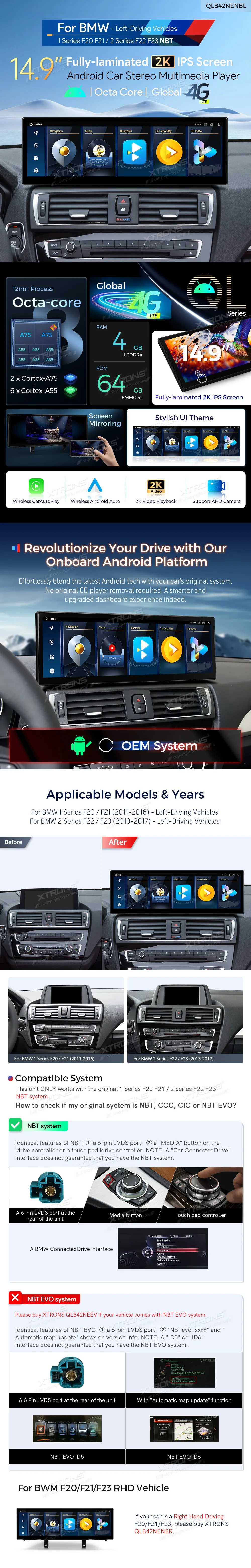 BMW 1/2 F20 F21 F22 F23 NBT | Android 14 | 14.9 inch | 4GB/64GB/8Core | Multimedija Xtrons QLB42NENBL