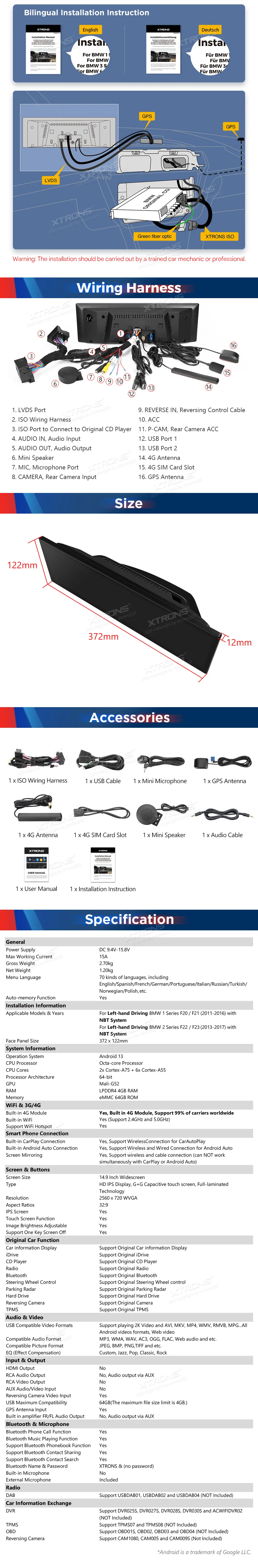 BMW 1/2 F20 F21 F22 F23 NBT | Android 14 | 14.9 inch | 4GB/64GB/8Core | Multimedija Xtrons QLB42NENBL