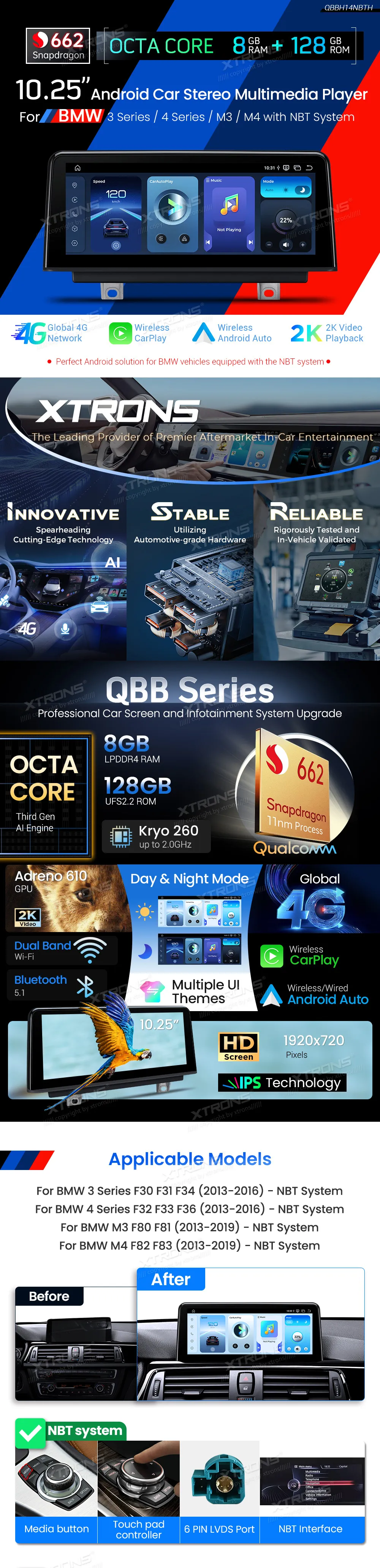 BMW 3/4 Serija 2013-2019 NBT | Android OS | 12.25 inch | 8GB/128GB/8Core Snapdragon 662 | Multimedija Xtrons QBBH14NBTH