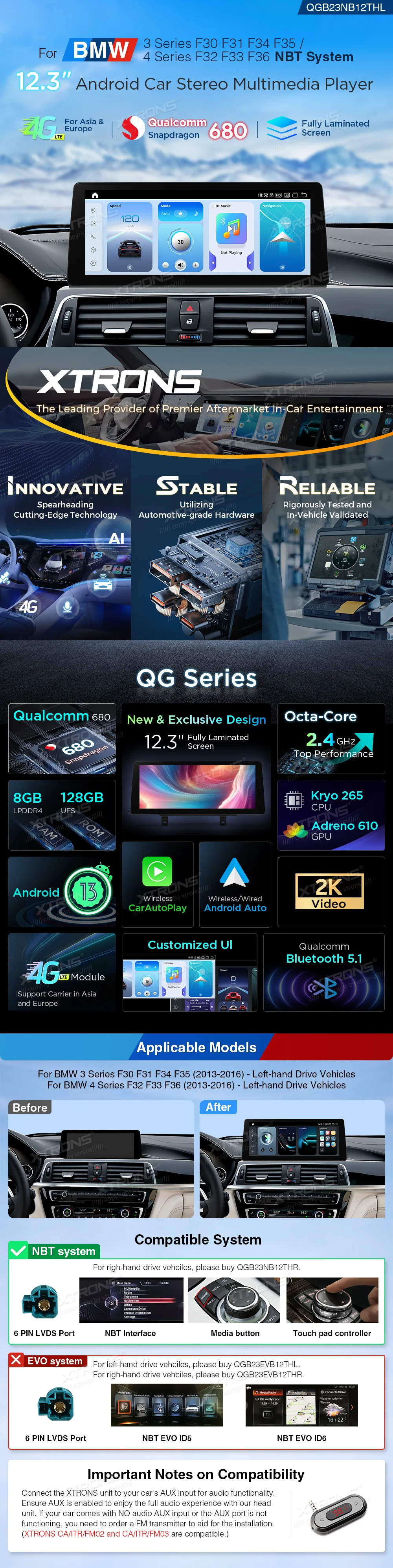 BMW 3/4 Serija 2013-2016 NBT | Android 13 | 12.3 inch | 8GB/128GB/8Core Snapdragon 680 | Multimedija Xtrons QGB24NB12THL