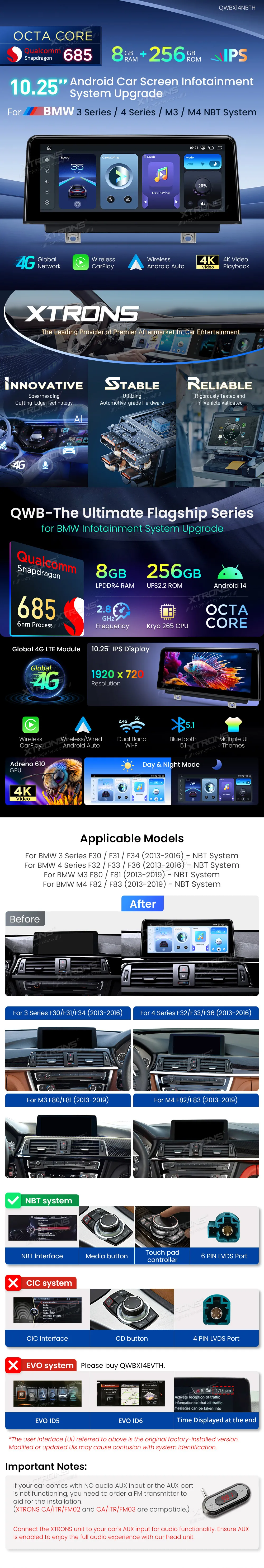 BMW 3/4 Serija 2013-2019 NBT | Android 14 | 10.25 inch | 8GB/256GB/8Core Snapdragon 685 | Multimedija Xtrons QWBX14NBTH