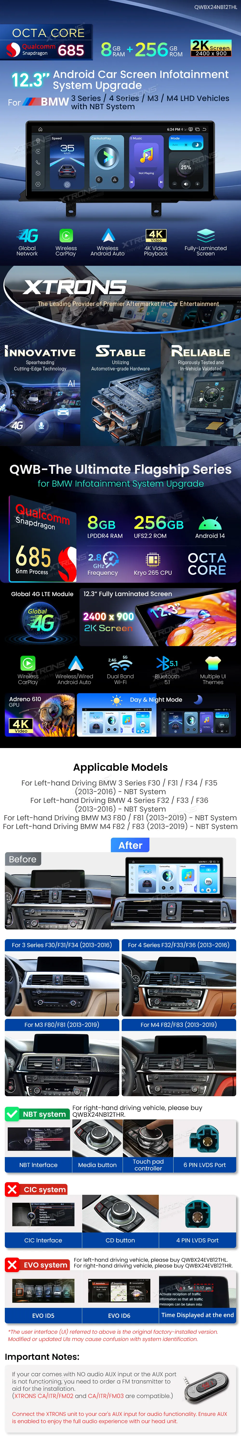 BMW 3/4 Serija 2013-2019 NBT | Android 14 | 12.3 inch | 8GB/256GB/8Core Snapdragon 685 | Multimedija Xtrons QWBX24NB12THL