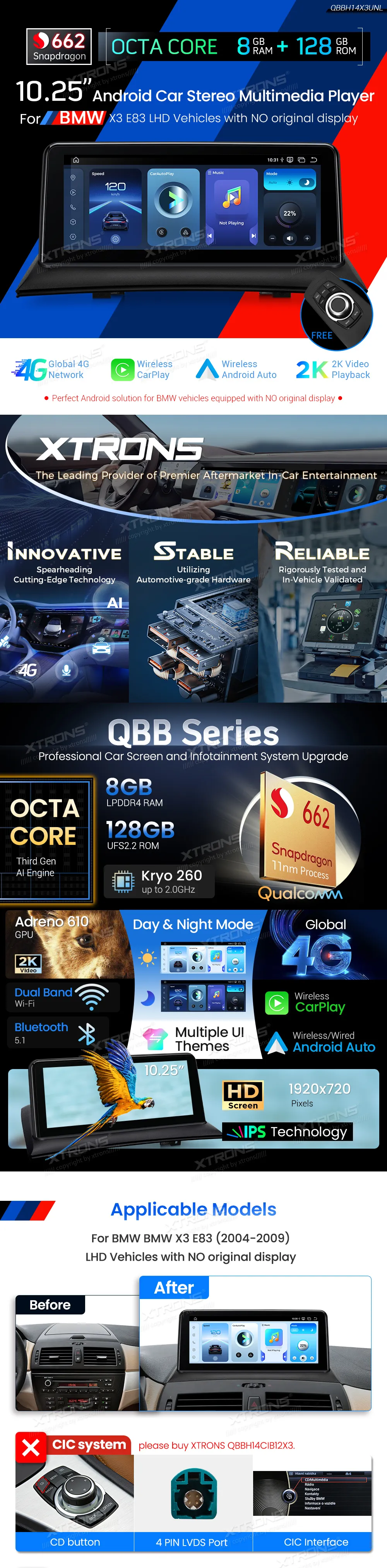 BMW X3 E83 be ekrano | Android OS | 10.25 inch | 8GB/128GB/8Core Snapdragon 662 | Multimedija Xtrons QBBH14X3UNL