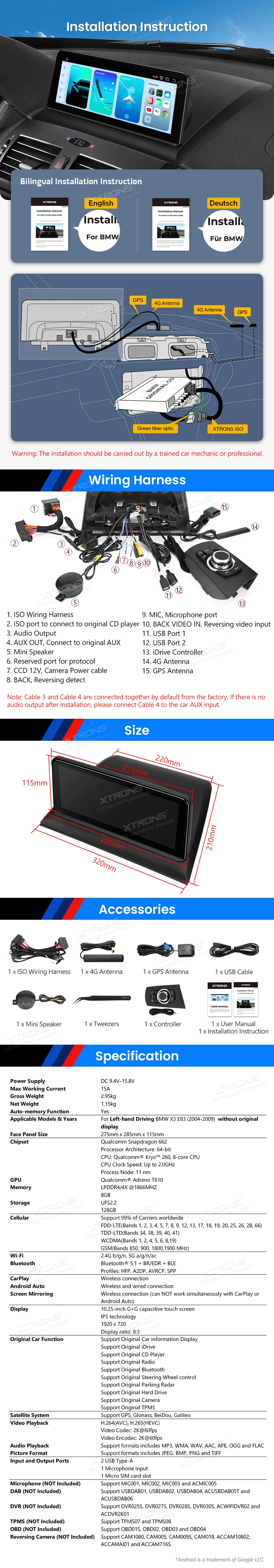 BMW X3 E83 be ekrano | Android OS | 10.25 inch | 8GB/128GB/8Core Snapdragon 662 | Multimedija Xtrons QBBH14X3UNL