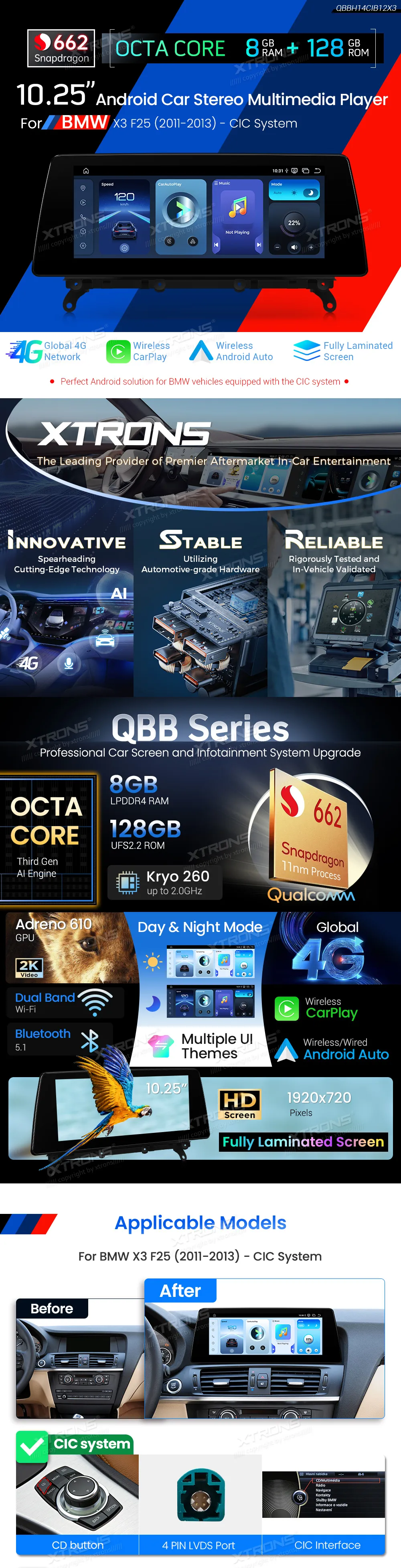 BMW X3 F25 CIC | Android OS | 10.25 inch | 8GB/128GB/8Core Snapdragon 662 | Multimedija Xtrons QBBH14CIB12X3