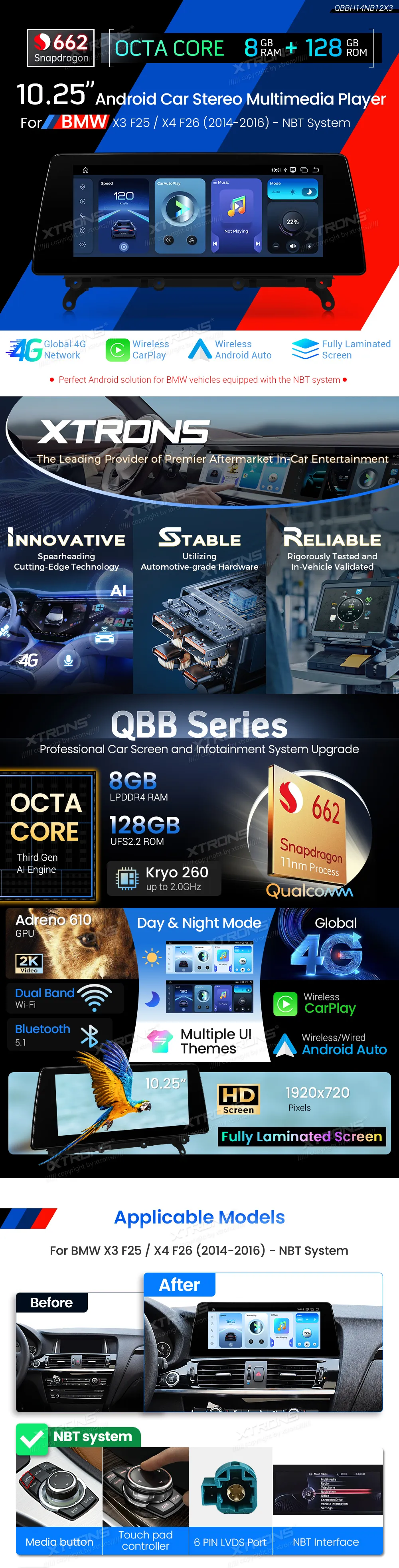 BMW X3 F25 X4 F26 NBT | Android OS | 10.25 inch | 8GB/128GB/8Core Snapdragon 662 | Multimedija Xtrons QBBH14NB12X3