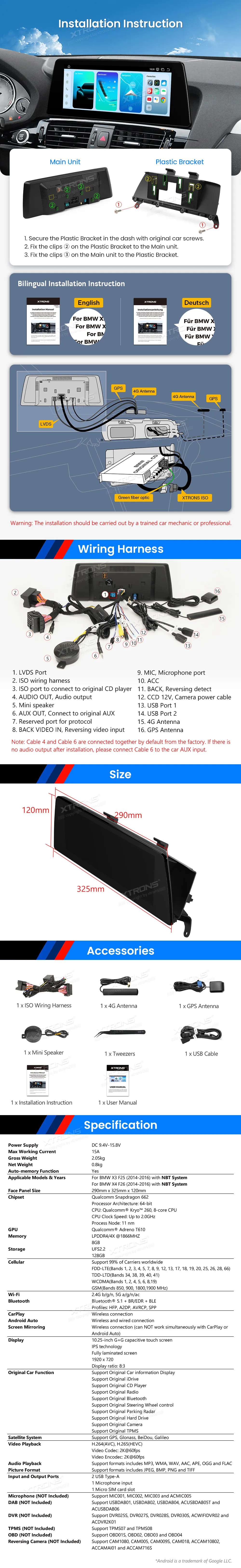 BMW X3 F25 X4 F26 NBT | Android OS | 10.25 inch | 8GB/128GB/8Core Snapdragon 662 | Multimedija Xtrons QBBH14NB12X3