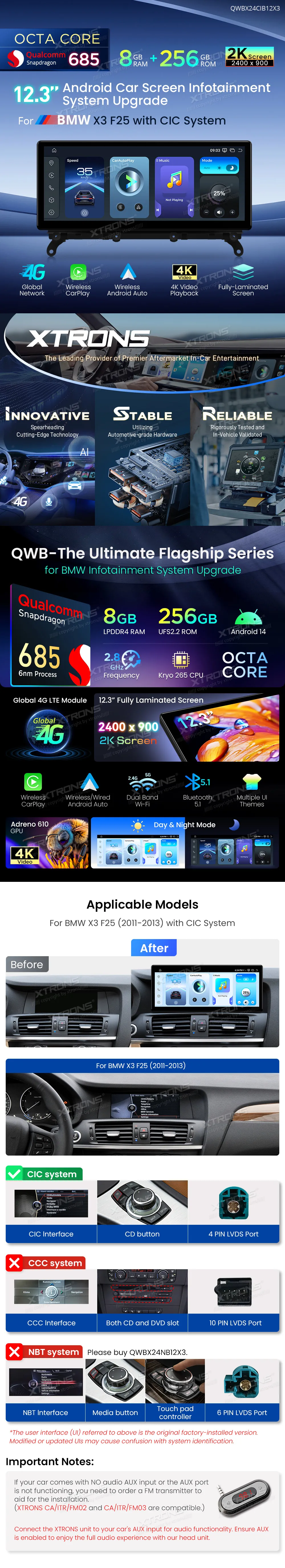 BMW X3 F25 CIC | Android 14 | 12.3 inch | 8GB/256GB/8Core Snapdragon 685 | Multimedija Xtrons QWBX24CIB12X3