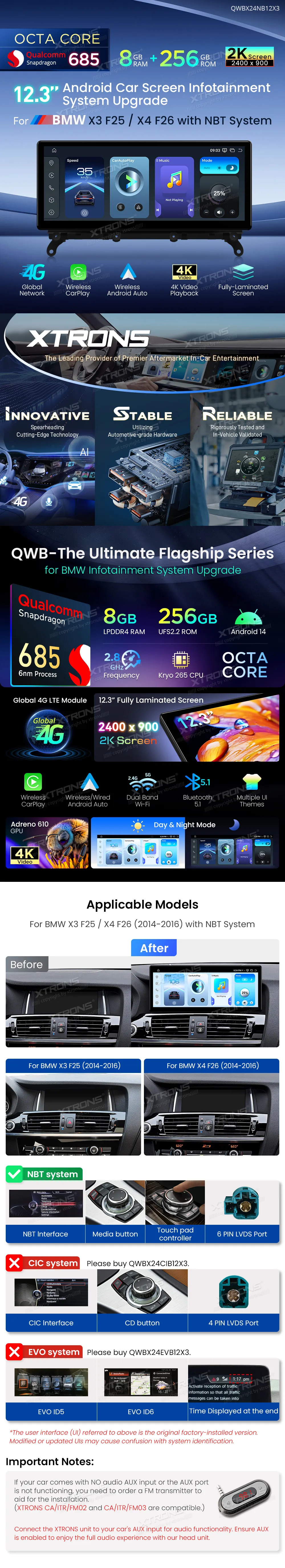 BMW X3 F25 X4 F26 NBT | Android 14 | 12.3 inch | 8GB/256GB/8Core Snapdragon 685 | Multimedija Xtrons QWBX24CIB12X3