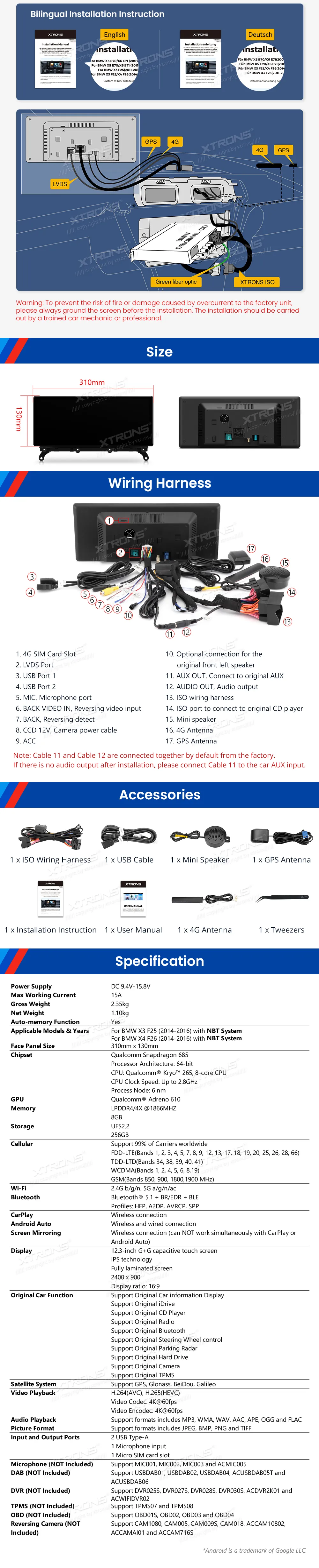 BMW X3 F25 X4 F26 NBT | Android 14 | 12.3 inch | 8GB/256GB/8Core Snapdragon 685 | Multimedija Xtrons QWBX24CIB12X3