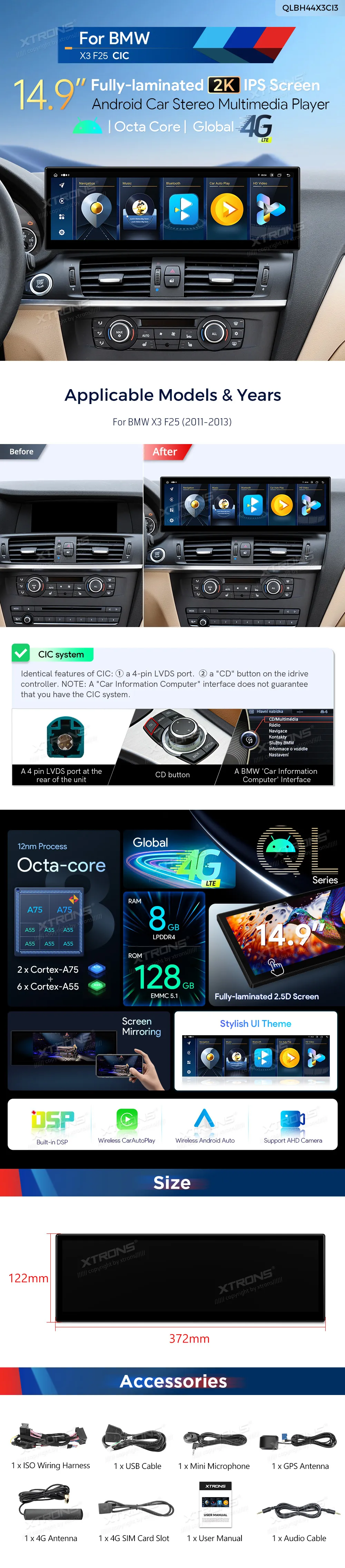 BMW X3 F25 CIC | Android OS | 14.9 inch | 8GB/128GB/8Core | Multimedija Xtrons QLBH44X3CI3