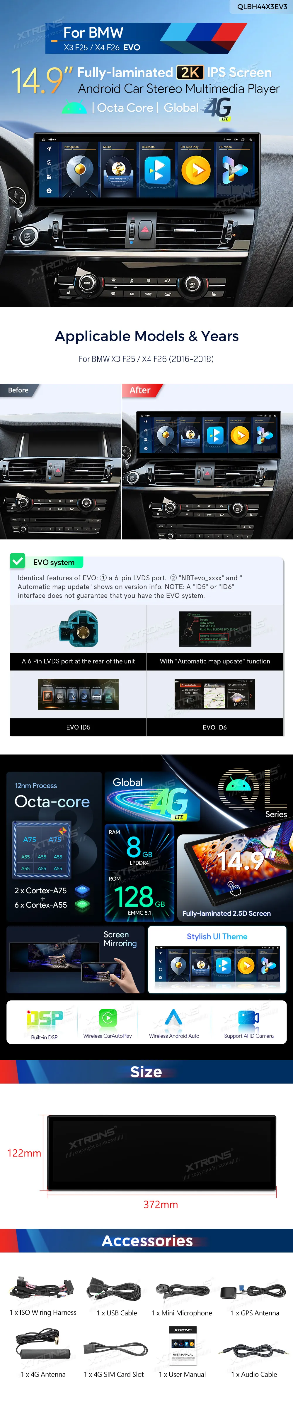BMW X3 F25 X4 F26 EVO | Android OS | 14.9 inch | 8GB/128GB/8Core | Multimedija Xtrons QLBH44X3EV3