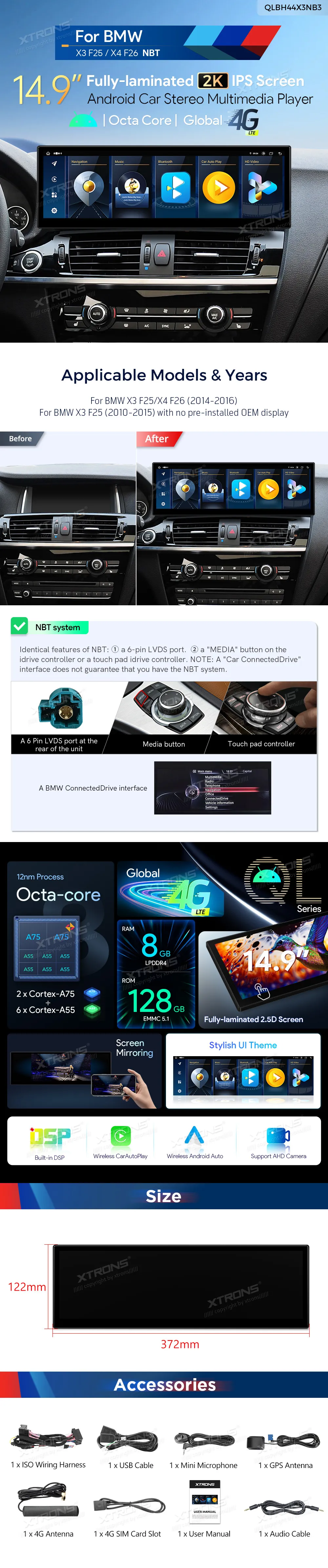 BMW X3 F25 X4 F26 NBT | Android OS | 14.9 inch | 8GB/128GB/8Core | Multimedija Xtrons QLBH44X3NB3