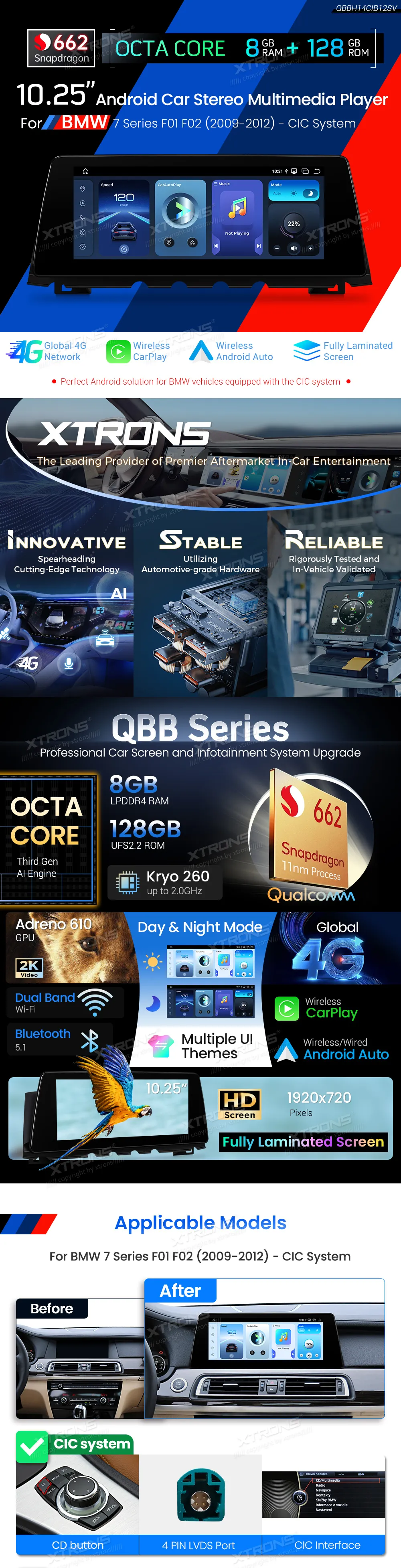 BMW 7 F01 F02 CIC | Android OS | 10.25 inch | 8GB/128GB/8Core Snapdragon 662 | Multimedija Xtrons QBBH14CIB12SV