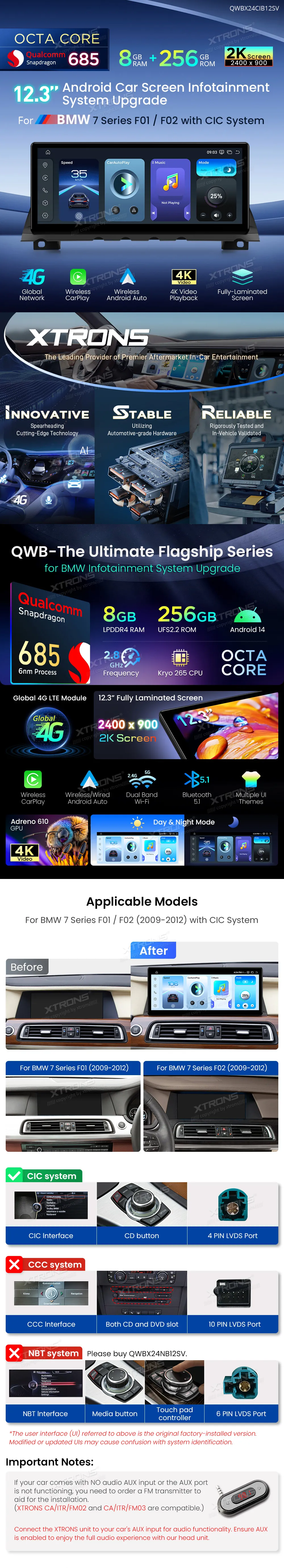 BMW 7 F01 F02 CIC | Android 14 | 12.3 inch | 8GB/256GB/8Core Snapdragon 685 | Multimedija Xtrons QWBX24CIB12SV