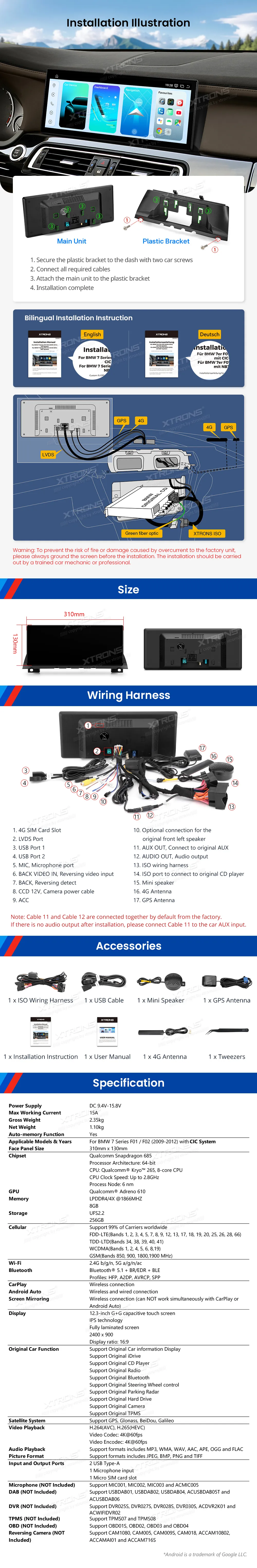 BMW 7 F01 F02 CIC | Android 14 | 12.3 inch | 8GB/256GB/8Core Snapdragon 685 | Multimedija Xtrons QWBX24CIB12SV