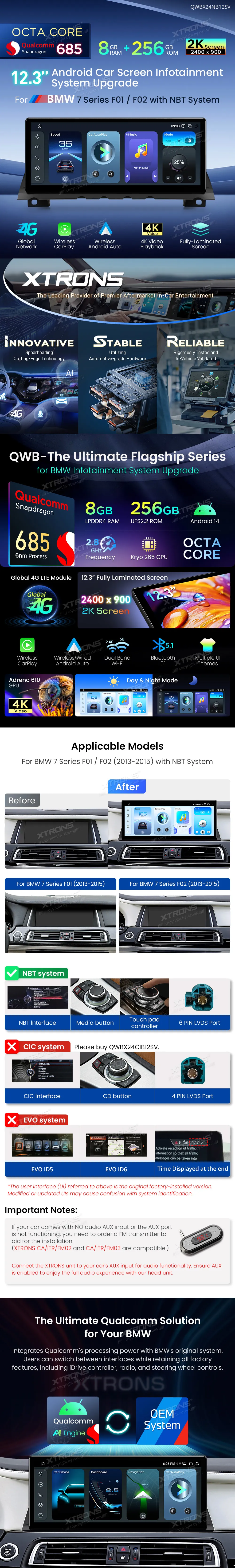 BMW 7 F01 F02 NBT | Android 14 | 12.3 inch | 8GB/256GB/8Core Snapdragon 685 | Multimedija Xtrons QWBX24NB12SV