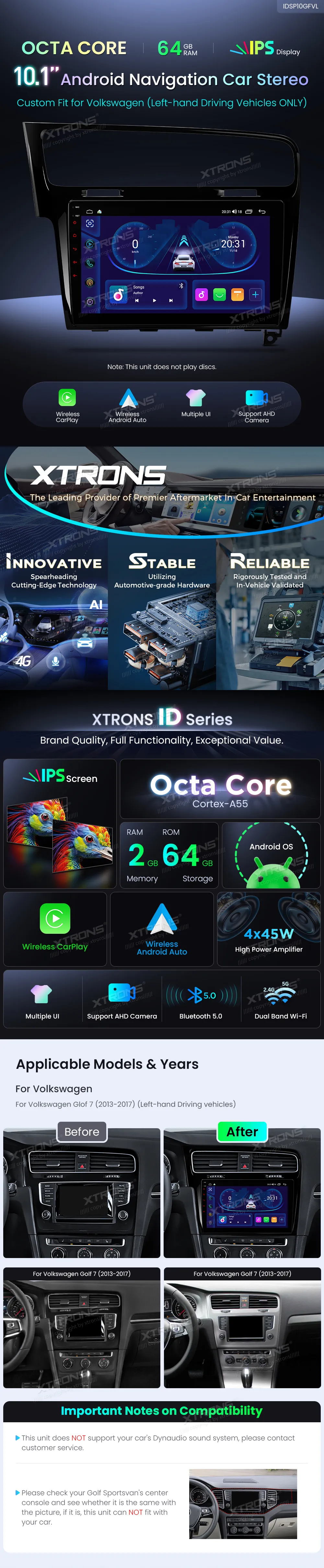 Volkswagen Golf 7 2013-2017 | Android OS | 10.1 inch | 2GB/64GB/8Core | Multimedija Xtrons IDSP10GFVL