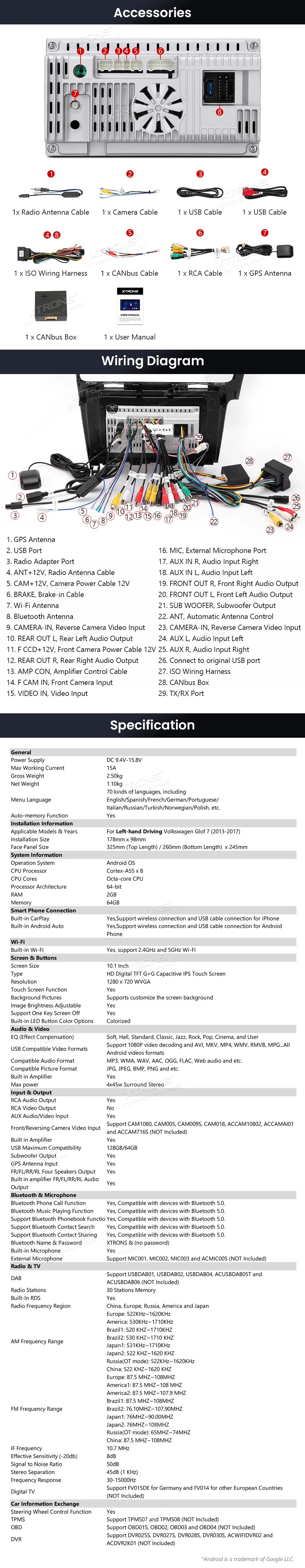 Volkswagen Golf 7 2013-2017 | Android OS | 10.1 inch | 2GB/64GB/8Core | Multimedija Xtrons IDSP10GFVL