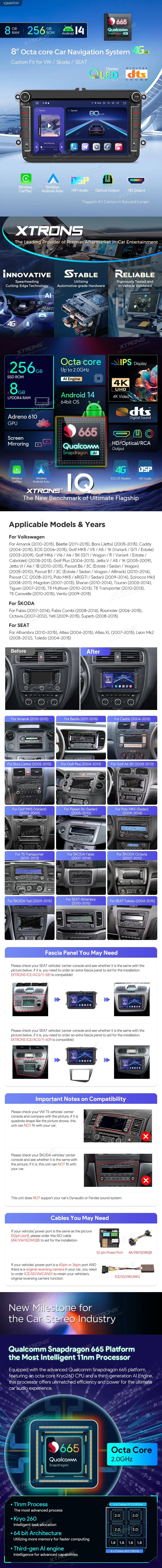 Volkswagen / Škoda / SEAT | Android 14 | 8inch QLED | 8GB/256GB/8Core Snapdragon 665 | Multimedija Xtrons IQ84MTVP