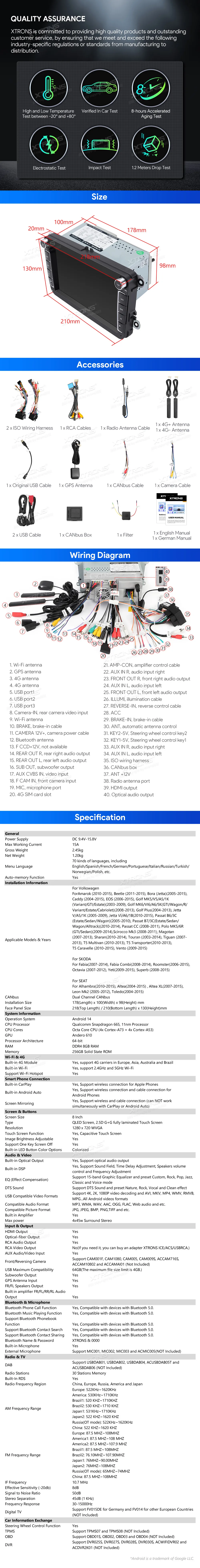 Volkswagen / Škoda / SEAT | Android 14 | 8inch QLED | 8GB/256GB/8Core Snapdragon 665 | Multimedija Xtrons IQ84MTVP