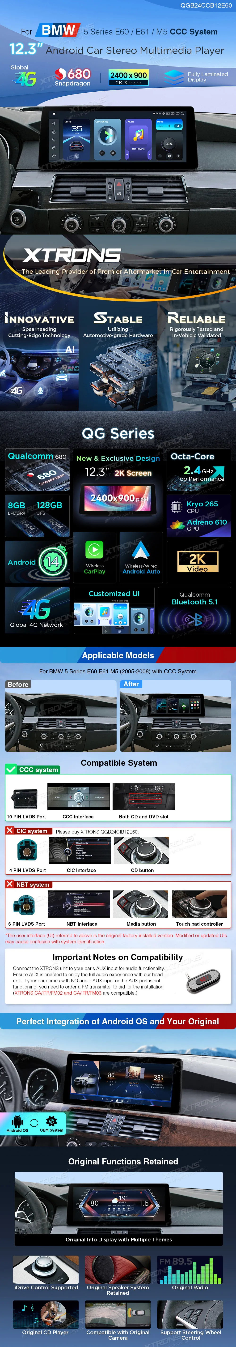 BMW E60 E61 CCC | Android 14 | 12.3 inch | 8GB/128GB/8Core Snapdragon 680 | Multimedija Xtrons QGB24CCB12E60