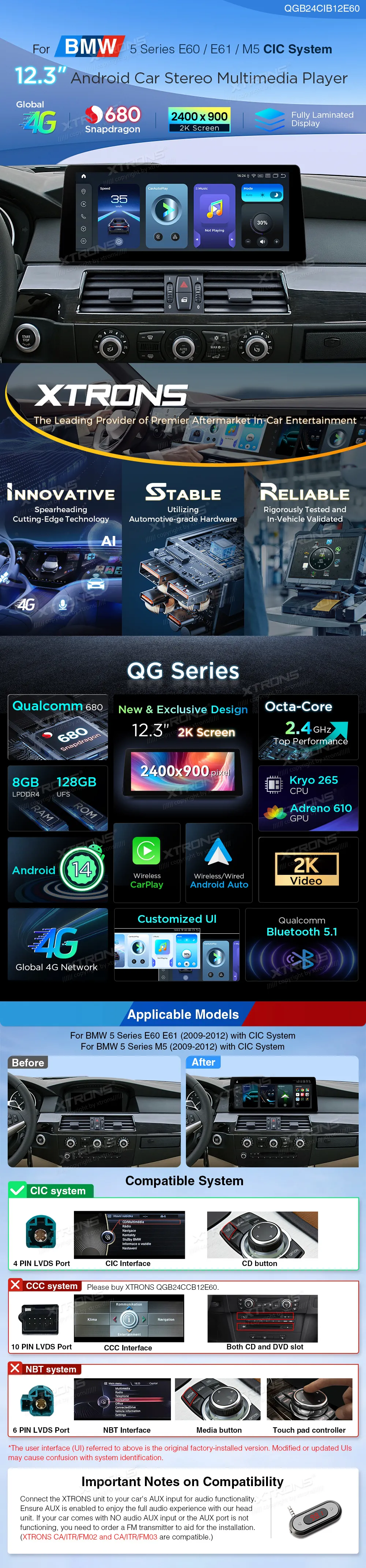 BMW E60 E61 CIC | Android 14 | 12.3 inch | 8GB/128GB/8Core Snapdragon 680 | Multimedija Xtrons QGB24CIB12E60