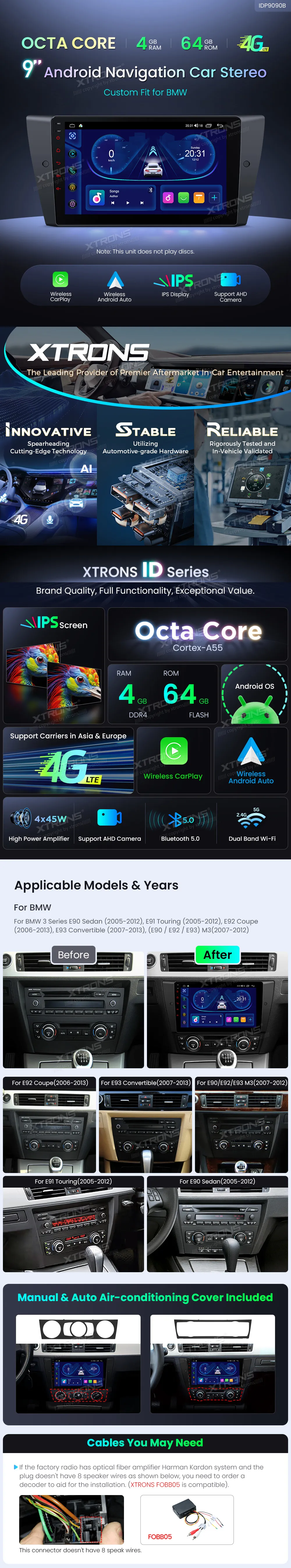 BMW E90 E91 E92 E93 be ekrano | Android OS | 9 inch | 4GB/64GB/8Core | Multimedija Xtrons IDP9090B