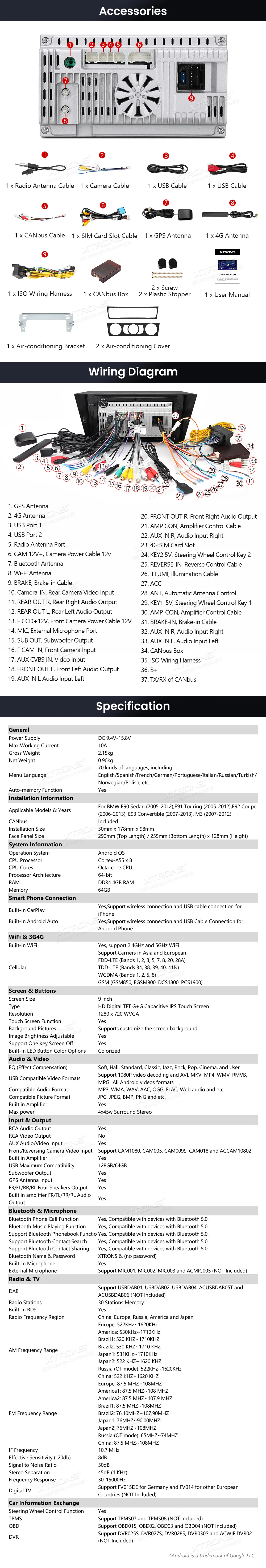 BMW E90 E91 E92 E93 be ekrano | Android OS | 9 inch | 4GB/64GB/8Core | Multimedija Xtrons IDP9090B