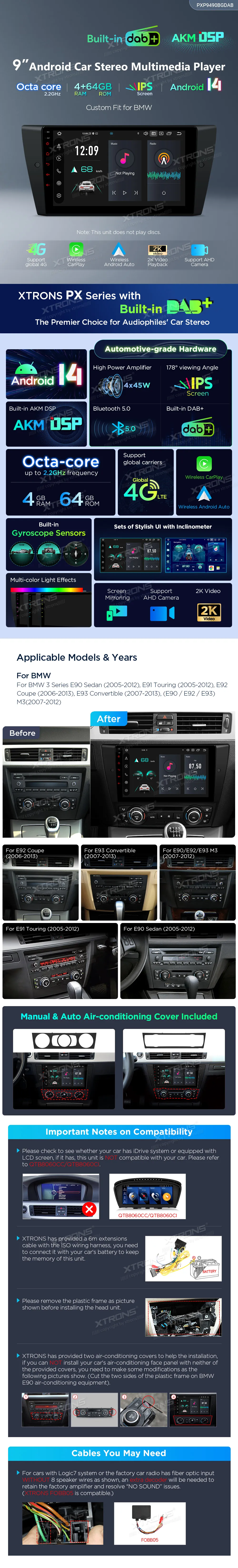 BMW E90 E91 E92 E93 be ekrano | Android 14 | 9 inch | 4GB/64GB/8Core | Multimedija Xtrons PXP9490BGDAB