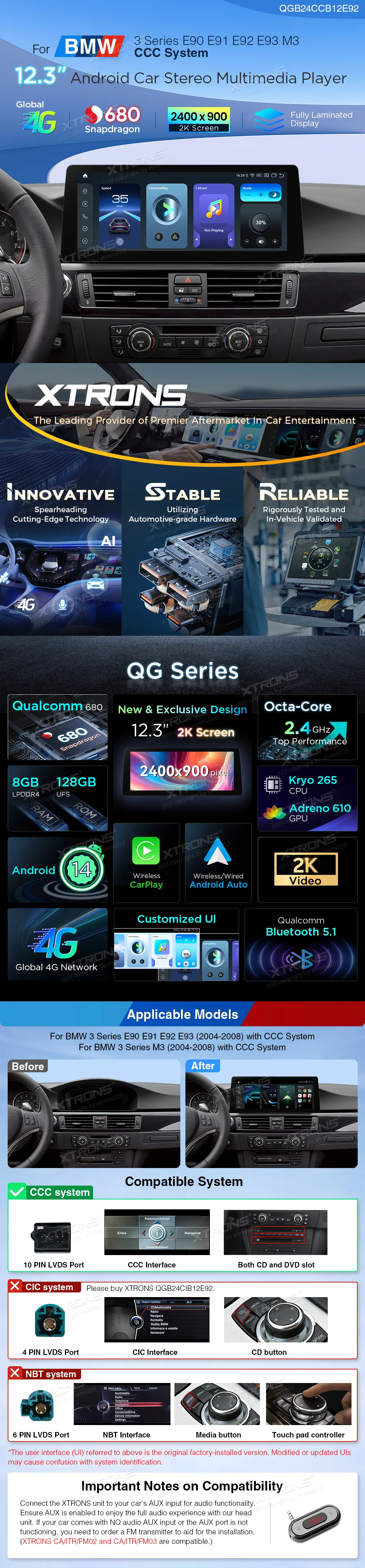BMW E90 E91 E92 E93 CCC | Android 14 | 12.3 inch | 8GB/128GB/8Core Snapdragon 680| Multimedija Xtrons QGB24CCB12E92
