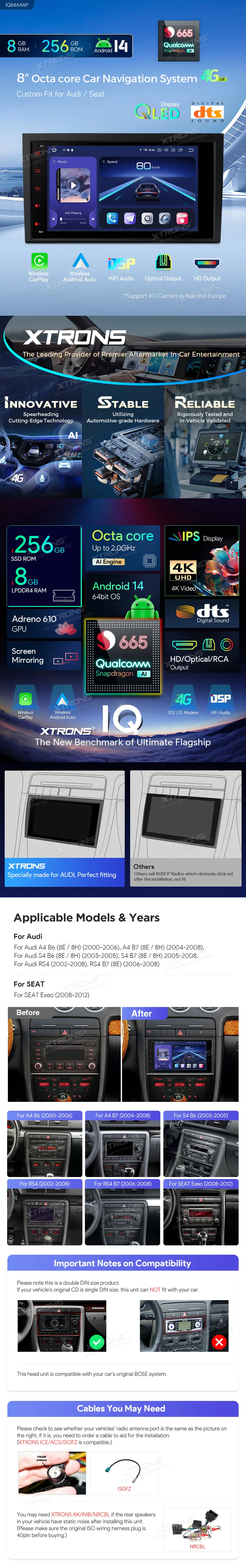 Audi A4 S4 RS4 / SEAT Exeo | Android 14 | 8inch QLED | 4GB/64GB/8Core Snapdragon 665 | Multimedija Xtrons IQ84A4AP