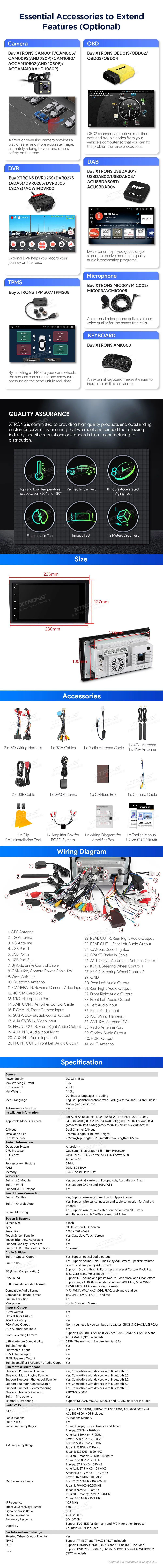 Audi A4 S4 RS4 / SEAT Exeo | Android 14 | 8inch QLED | 4GB/64GB/8Core Snapdragon 665 | Multimedija Xtrons IQ84A4AP