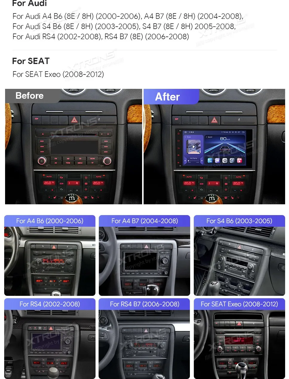 Audi A4 S4 RS4 / SEAT Exeo | Android 14 | 8inch QLED | 4GB/64GB/8Core Snapdragon 665 | Multimedija Xtrons IQ84A4AP