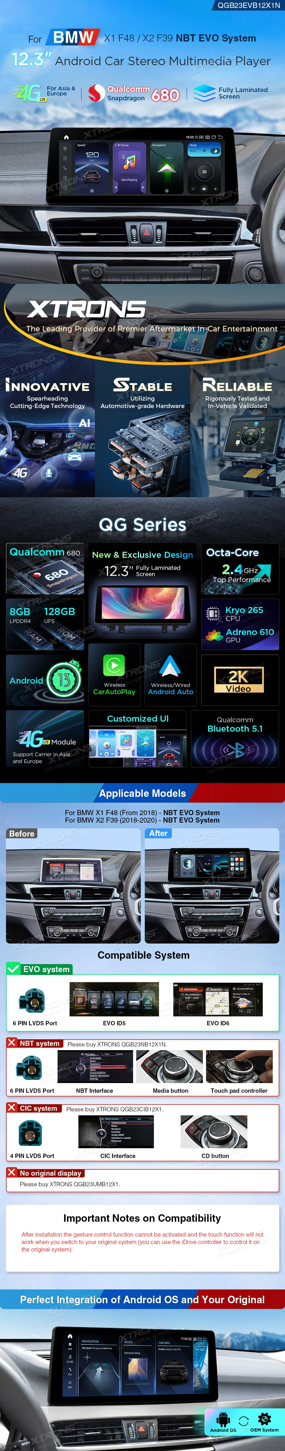 BMW X1 F48 EVO | Android 14 | 12.3 inch | 8GB/128GB/8Core Snapdragon 680 | Multimedija Xtrons QGB24EVB12X1N