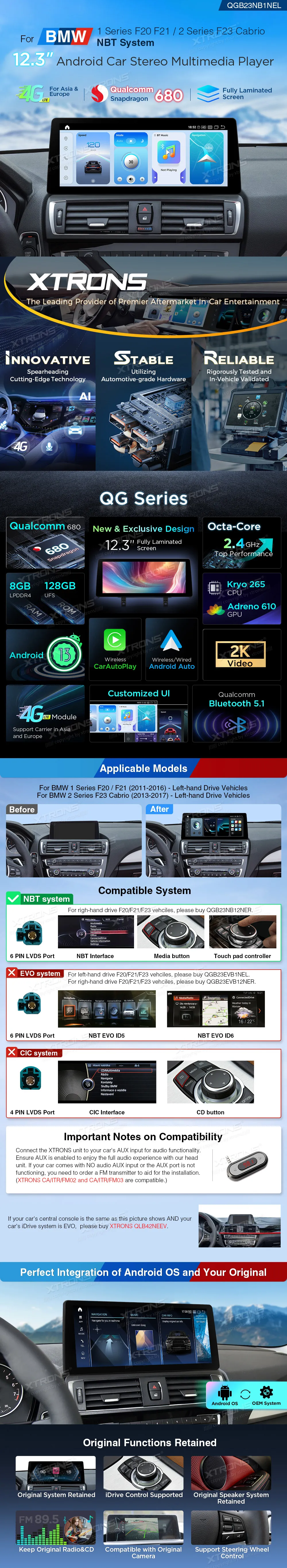 BMW 1/2 F20 F21 F23 NBT | Android 14 | 12.3 inch | 8GB/128GB/8Core Snapdragon 680 | Multimedija Xtrons QGB24NB1NEL