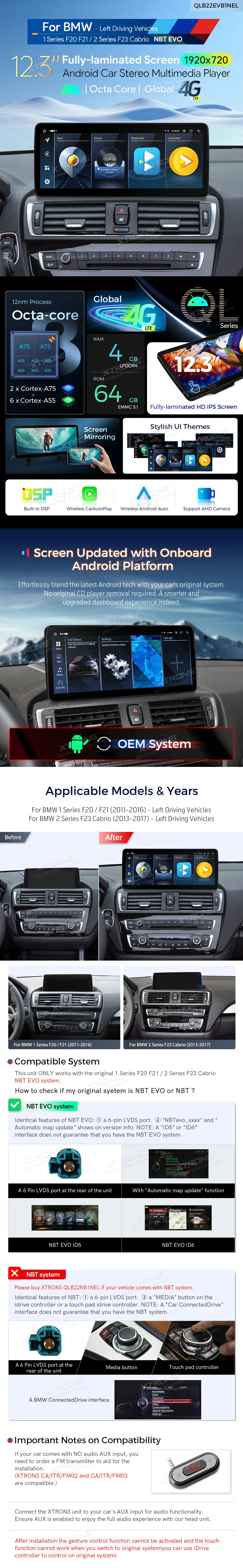 BMW 1/2 F20 F21 F23 EVO | Android 13 | 12.3 inch | 4GB/64GB/8Core | Multimedija Xtrons QLB22EVB1NEL