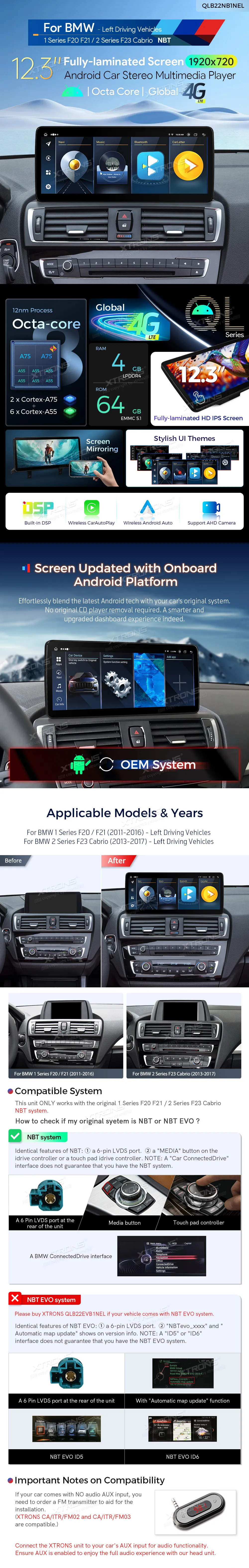 BMW 1/2 F20 F21 F23 NBT | Android 13 | 12.3 inch | 4GB/64GB/8Core | Multimedija Xtrons QLB22NB1NEL