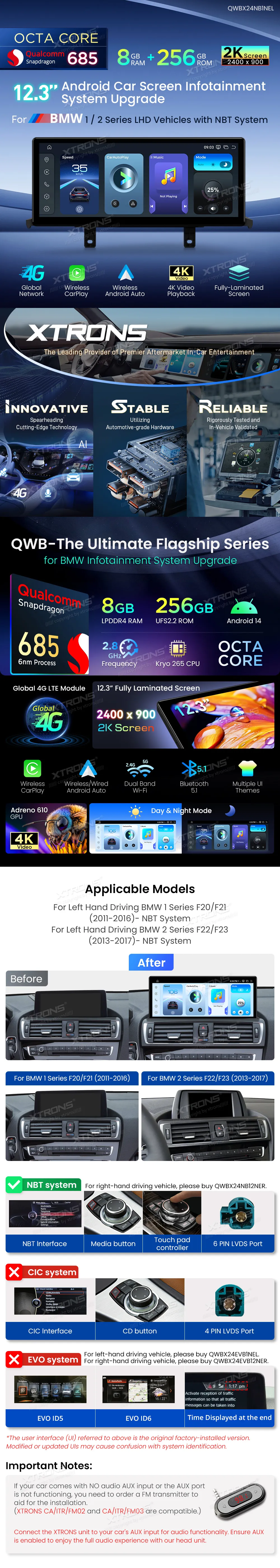 BMW 1/2 F20 F21 F22 F23 NBT | Android 14 | 12.3 inch | 8GB/256GB/8Core Snapdragon 685 | Multimedija Xtrons QWBX24NB1NEL