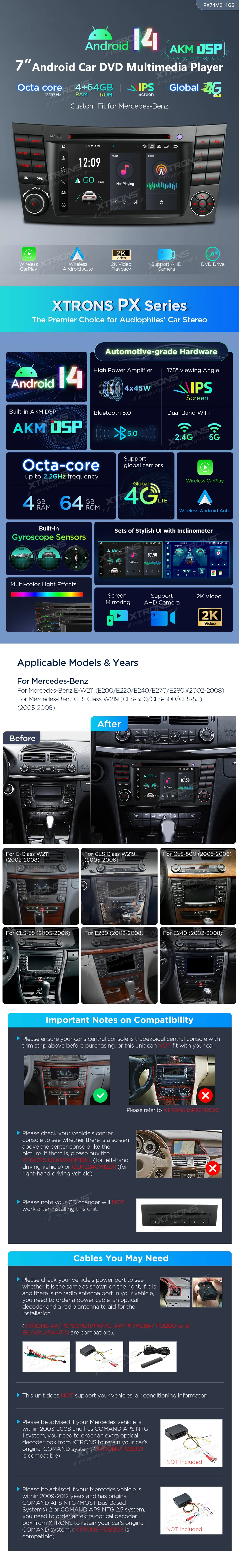 MB E W211 / CLS W219 | Android 14 | 7 inch | 4GB/64GB/8Core | Multimedija Xtrons PX74M211GS