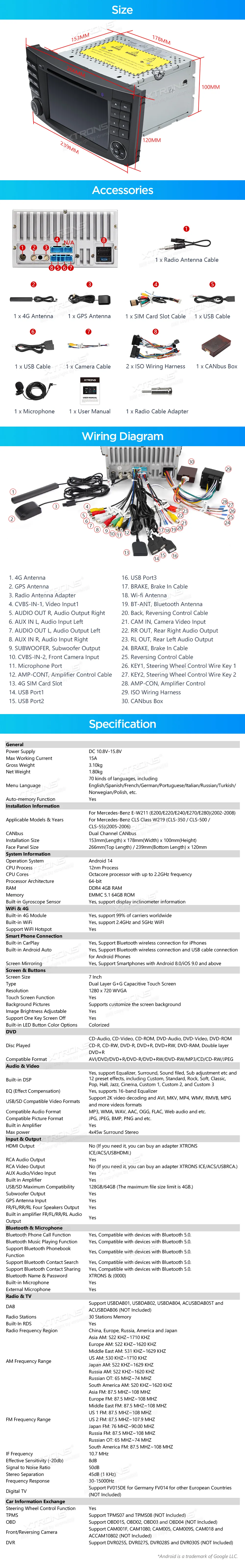 MB E W211 / CLS W219 | Android 14 | 7 inch | 4GB/64GB/8Core | Multimedija Xtrons PX74M211GS