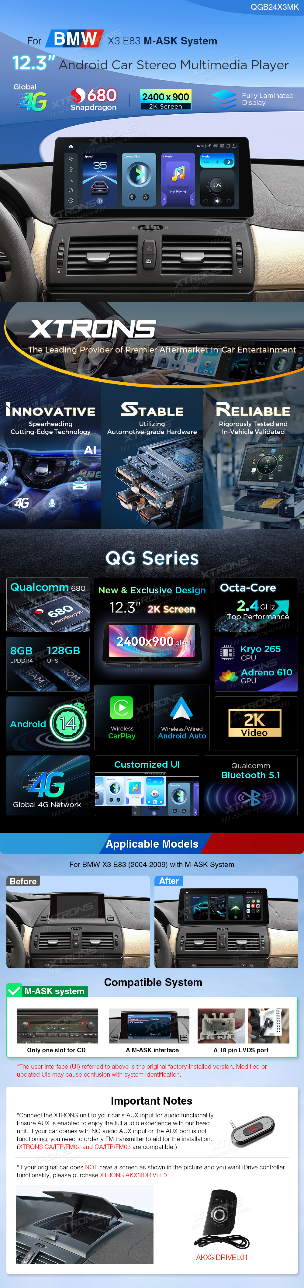 BMW X3 E83 M-ASK | Android 14 | 12.3 inch | 8GB/128GB/8Core | Multimedija Xtrons QGB24X3MK