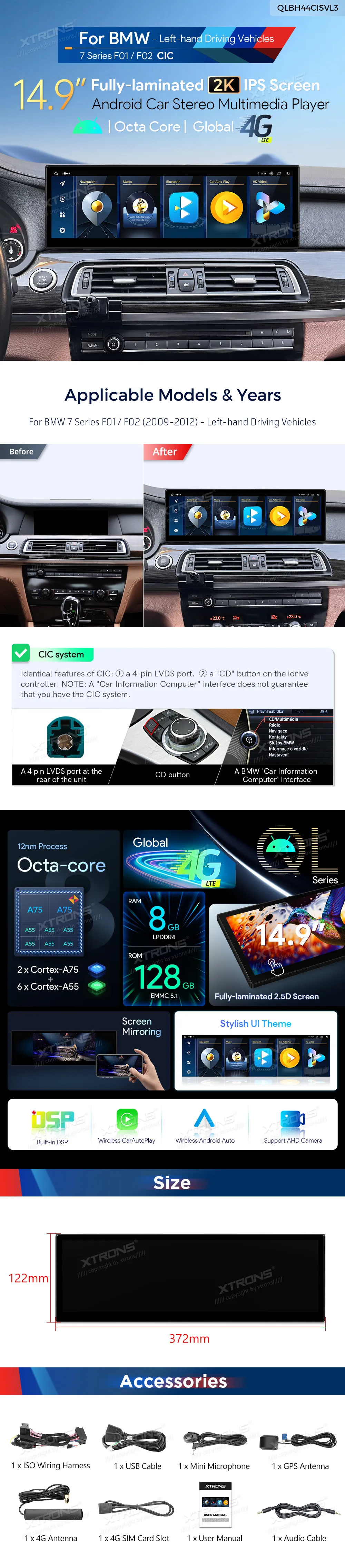 BMW 7 F01 F02 CIC | Android 14 | 14.9 inch | 8GB/128GB/8Core | Multimedija Xtrons QLBH44CISVL3