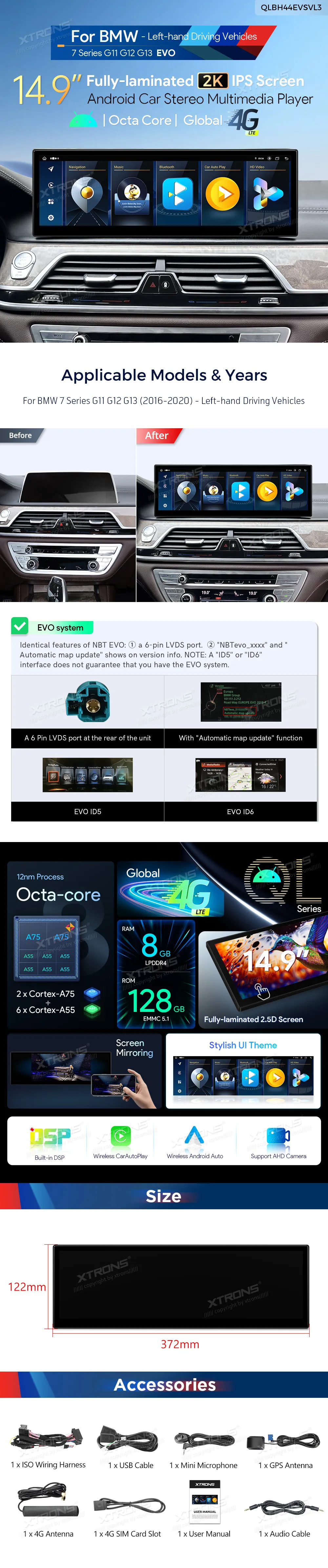 BMW 7 G11 G12 G13 EVO | Android 14 | 14.9 inch | 8GB/128GB/8Core | Multimedija Xtrons QLBH44EVSVL3
