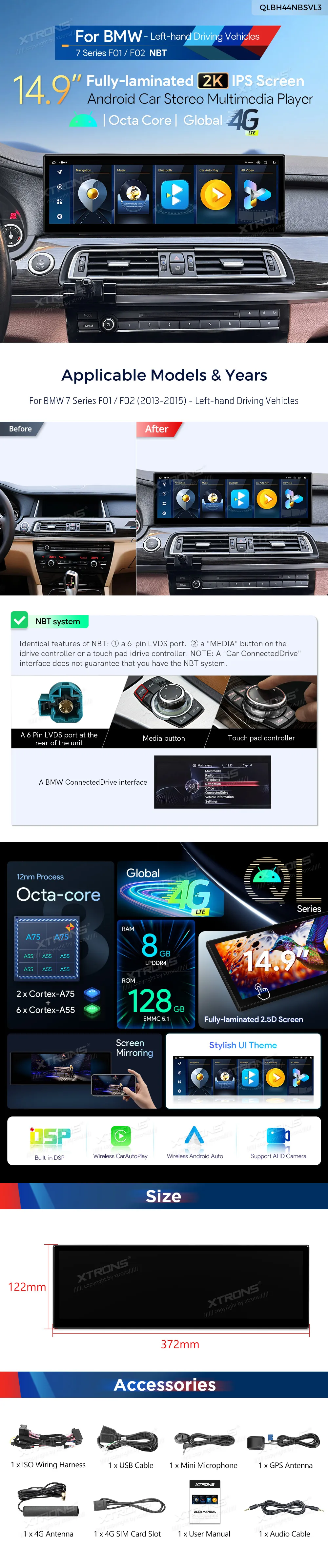 BMW 7 F01 F02 NBT | Android 14 | 14.9 inch | 8GB/128GB/8Core | Multimedija Xtrons QLBH44NBSVL3