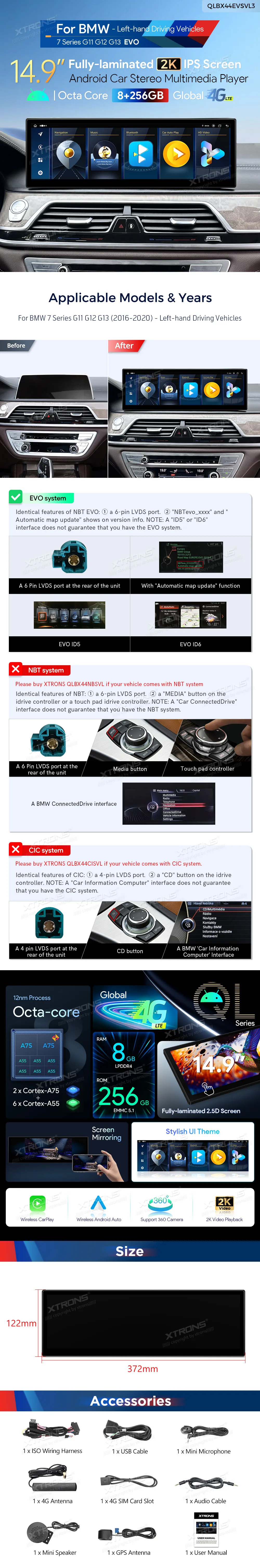 kopija iš BMW 7 G11 G12 G13 EVO | Android 14 | 14.9 inch | 8GB/256GB/8Core | Multimedija Xtrons QLBX44EVSVL3