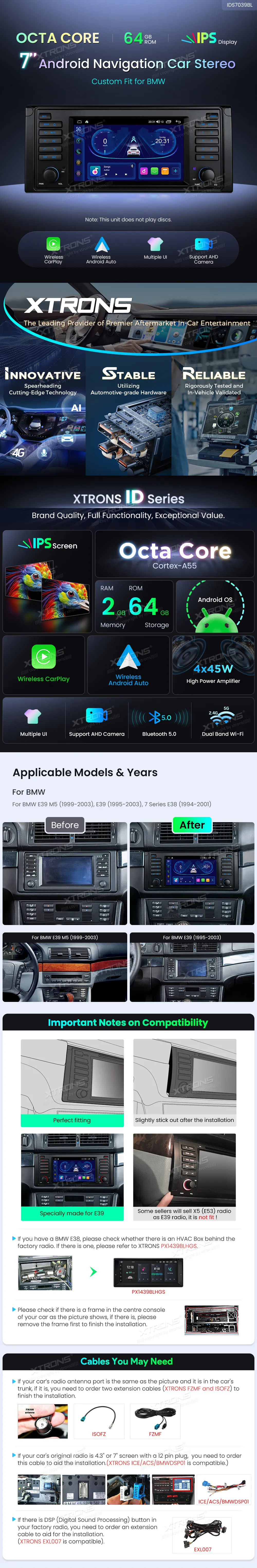 BMW E39 / E38 | Android OS | 7 inch | 2GB/32GB/8Core | Multimedija Xtrons IDS7039BL