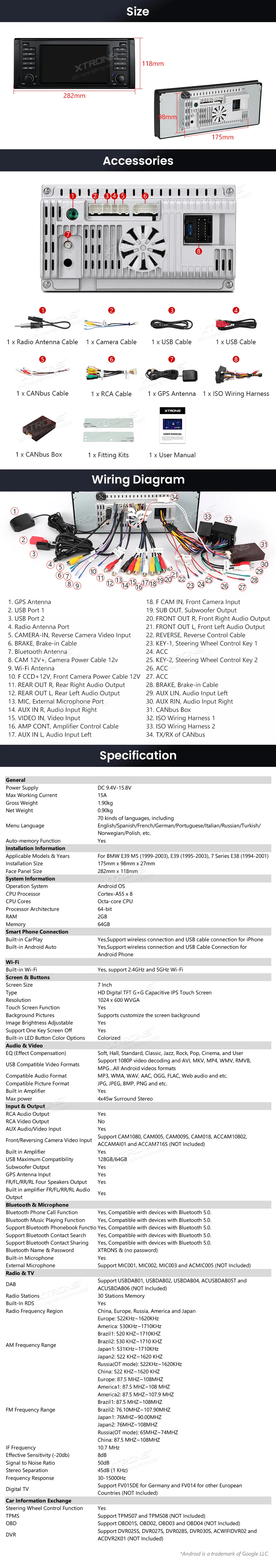 BMW E39 / E38 | Android OS | 7 inch | 2GB/32GB/8Core | Multimedija Xtrons IDS7039BL