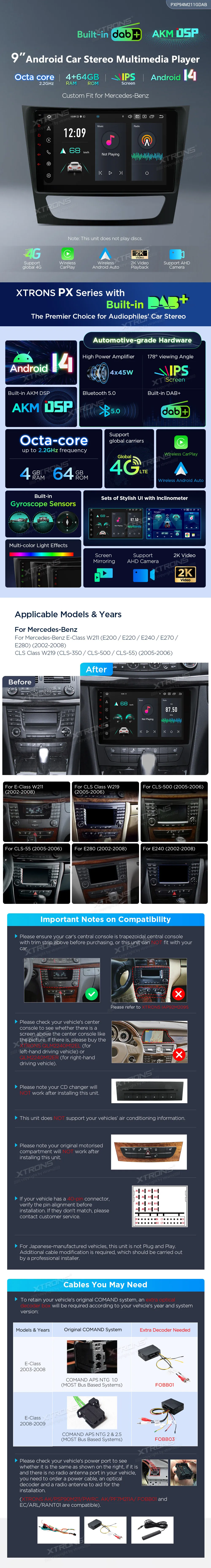 MB E W211 / CLS W219 | Android 14 | 9 inch | 4GB/64GB/8Core | Multimedija Xtrons PXP94M211GDAB