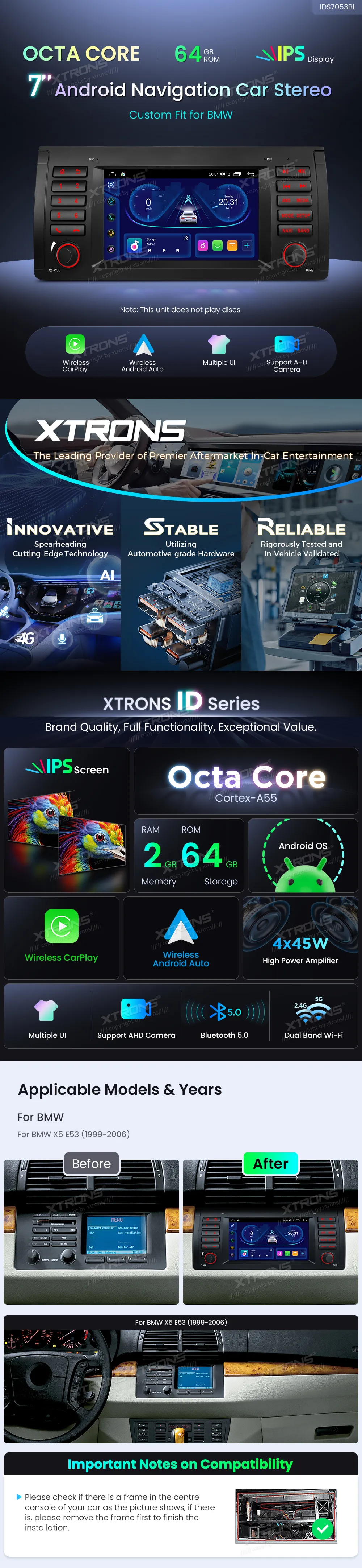 BMW X5 E53 | Android OS | 7 inch | 2GB/64GB/8Core | Multimedija Xtrons IDS7053BL